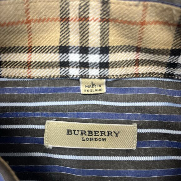 Burberry London Shirt Men’s Large Brown Blue Striped Button Up Made in England - Picture 6 of 14